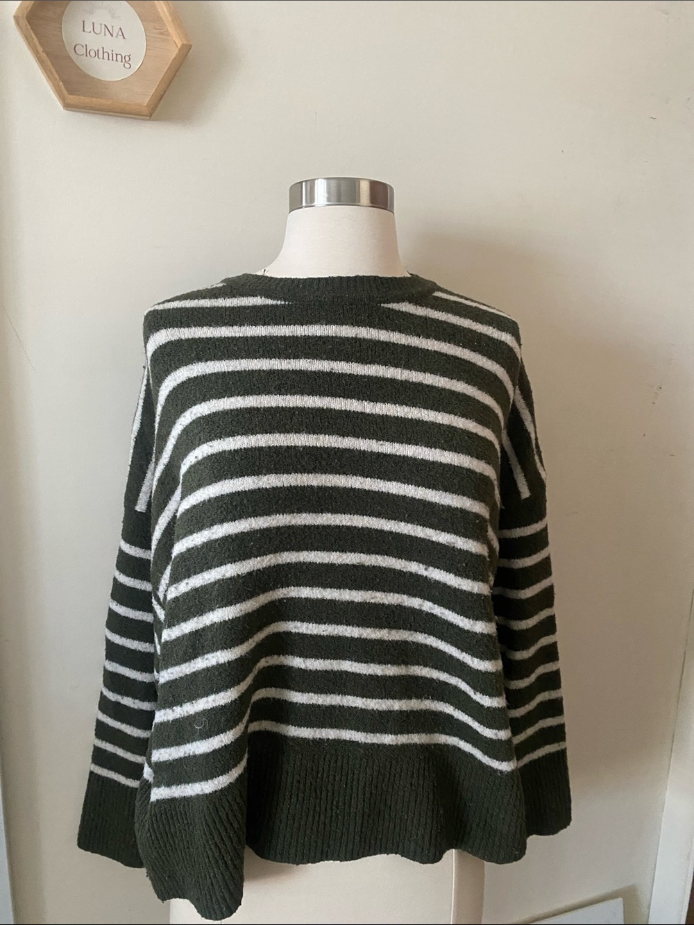 Primark Olive Green and White Striped Crewneck Sweater